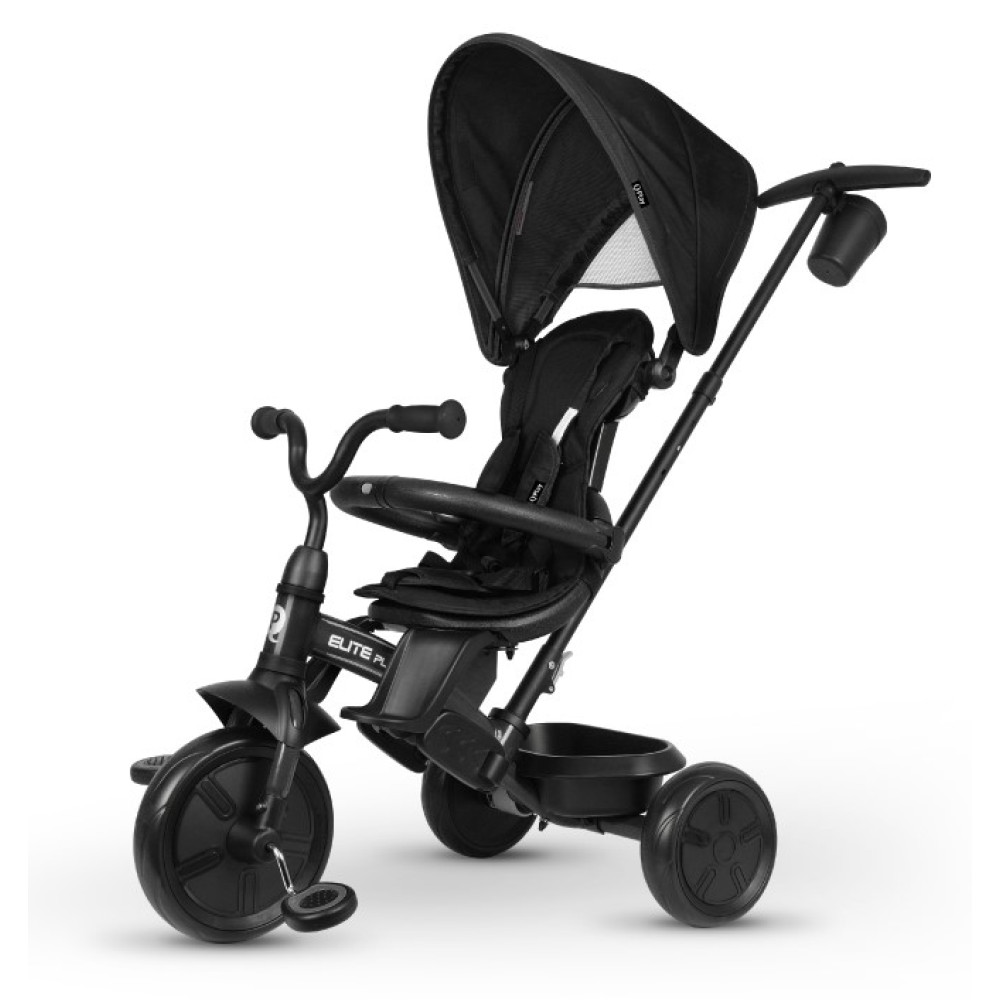 Qplay Elite Platinum - триколісний дитячий велосипед (від 10 місяців до 6 років), сидіння обертається на 360°, 5-точкові ремені безпеки, регульована по висоті батьківська ручка • Black