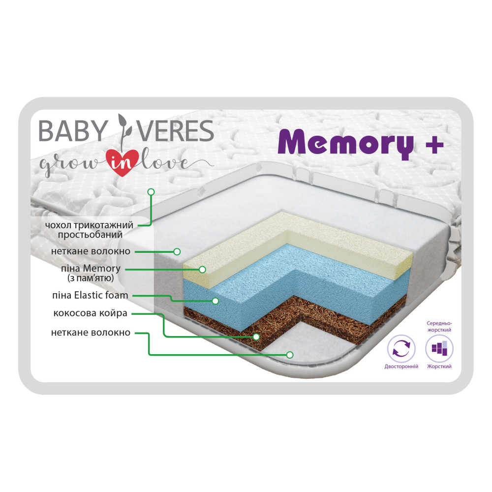 Baby Veres Memory+ - матрас со средней и повышенной жесткостью сторон (нетканое волокно, пена Memory, Elastic Foam, кокосовая койра) • 160х80х10 см