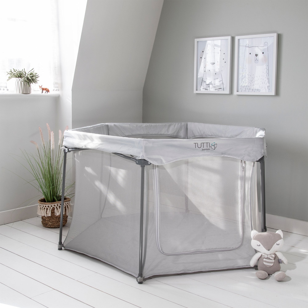 Tutti Bambini Hexa - дитячих манеж, легкий та компактний, швидко збирається, дихаючих текстиль, бічне віконце • Grey