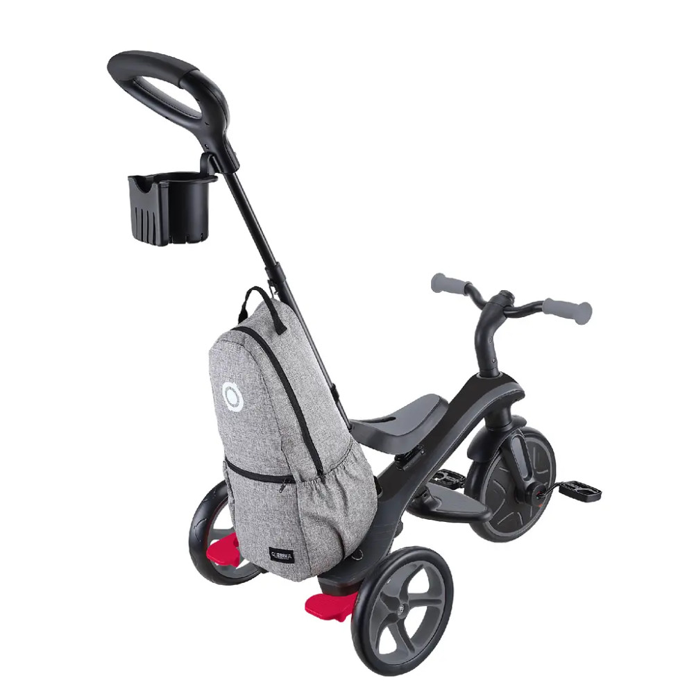 Globber Explorer Trike 4в1 Deluxe Play - дитячий велосипед-трансформер з батькіською ручкою, біговел, з сумкою для речей та тримачем для пляшечки • Grey