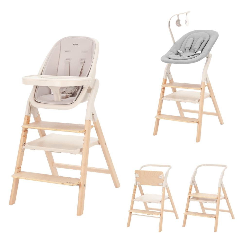 Carrello Ergo CRL-16701 - стульчик для кормления, шезлонг для новорожденного, обучающая башня до 75 кг, детский стульчик (дуга с мягкими игрушками, регулируемая подножка) • Sugar Beige