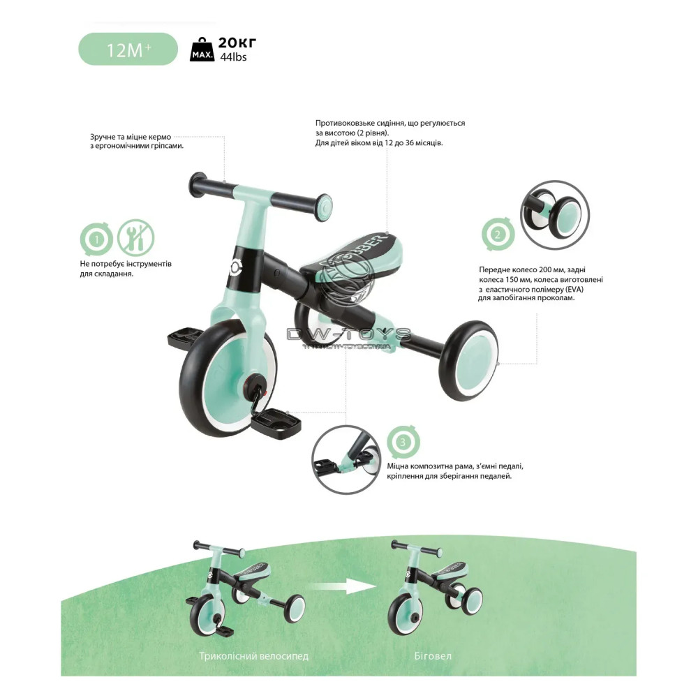 Globber Learning Trike 2в1 - триколісний велосипед-трансформер, біговел, регулювання за висотою, легко складається та трансформується • Blue