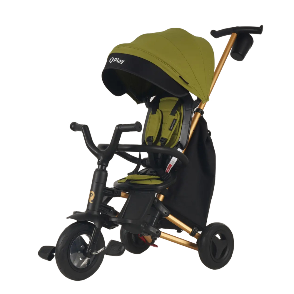 Qplay Nova+ Rubber Gold - складаний дитячий триколісний велосипед з батьківською ручкою, поворотне сидіння (від 10 місяців) • Military Green Gold