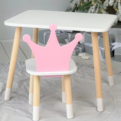 Комплект дитячих меблів - прямокутний столик та стільчик корона • Білий  та рожевий