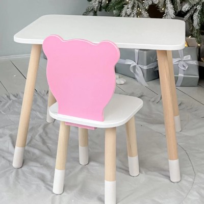 Комплект дитячих меблів - прямокутний столик та стільчик ведмедик • Білий та рожевий