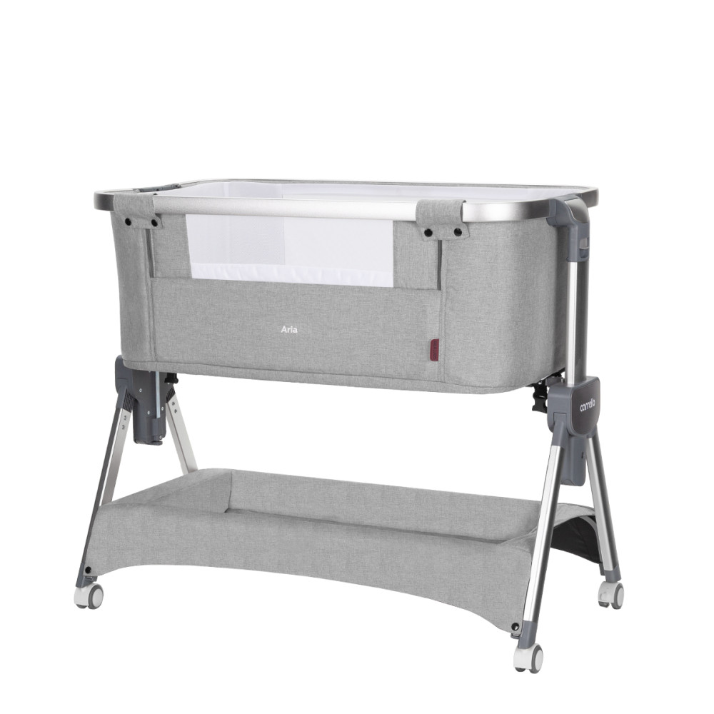 Carrello Aria CRL-16402 - детская приставная кроватка 2в1 от рождения (4 колеса, регулировка по высоте, большая корзина для вещей) • Silver Grey