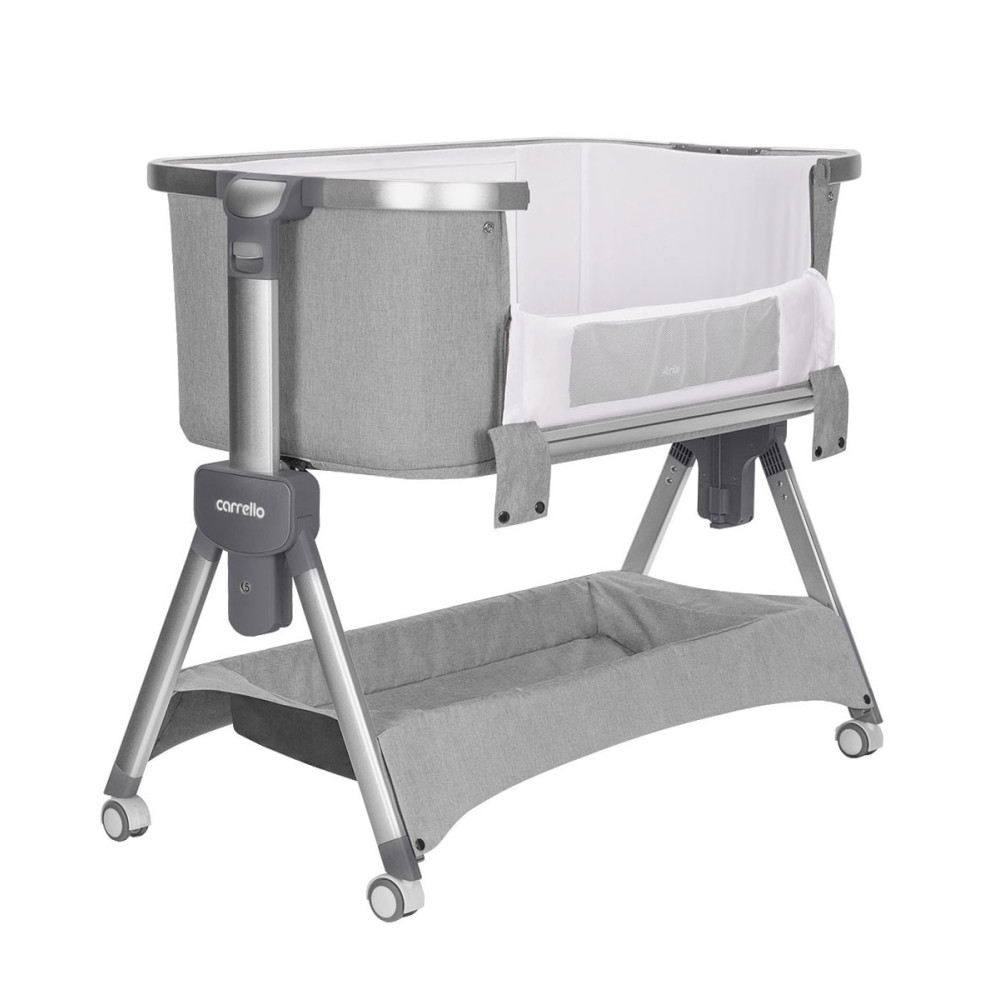 Carrello Aria CRL-16402 - детская приставная кроватка 2в1 от рождения (4 колеса, регулировка по высоте, большая корзина для вещей) • Silver Grey