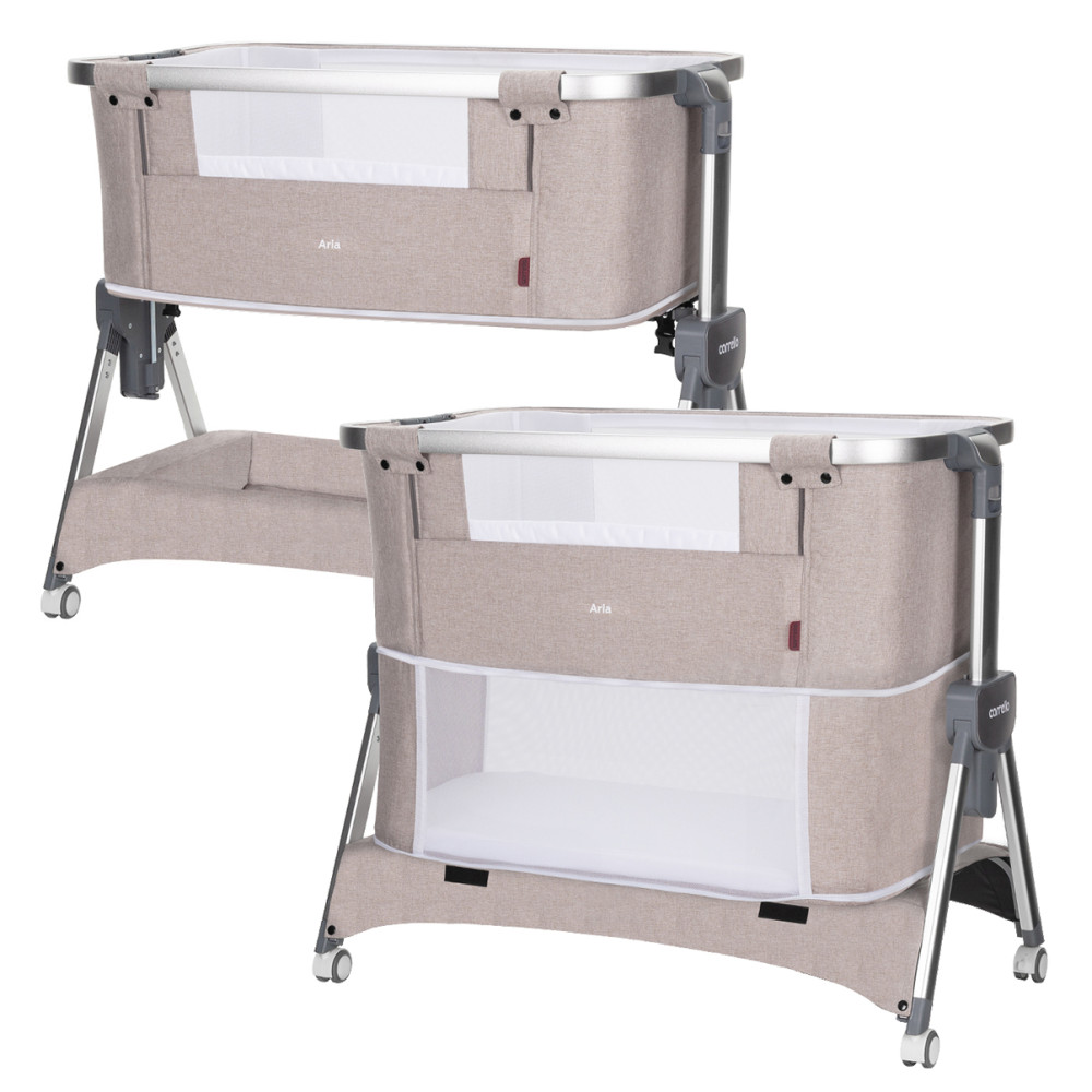 Carrello Aria CRL-16401 - детская приставная кроватка-манеж 3в1 от рождения (4 колеса, регулировка по высоте, большая корзина для вещей) • Cream Beige