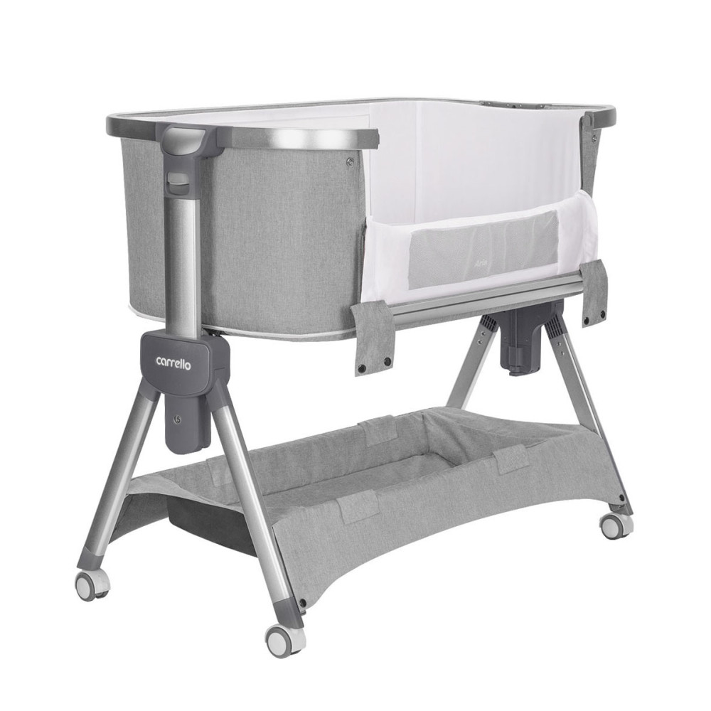 Carrello Aria CRL-16401 - дитяче приставне ліжечко-манеж 3в1 від народження (4 колеса, регулювання по висоті, великий кошик для речей) • Silver Grey