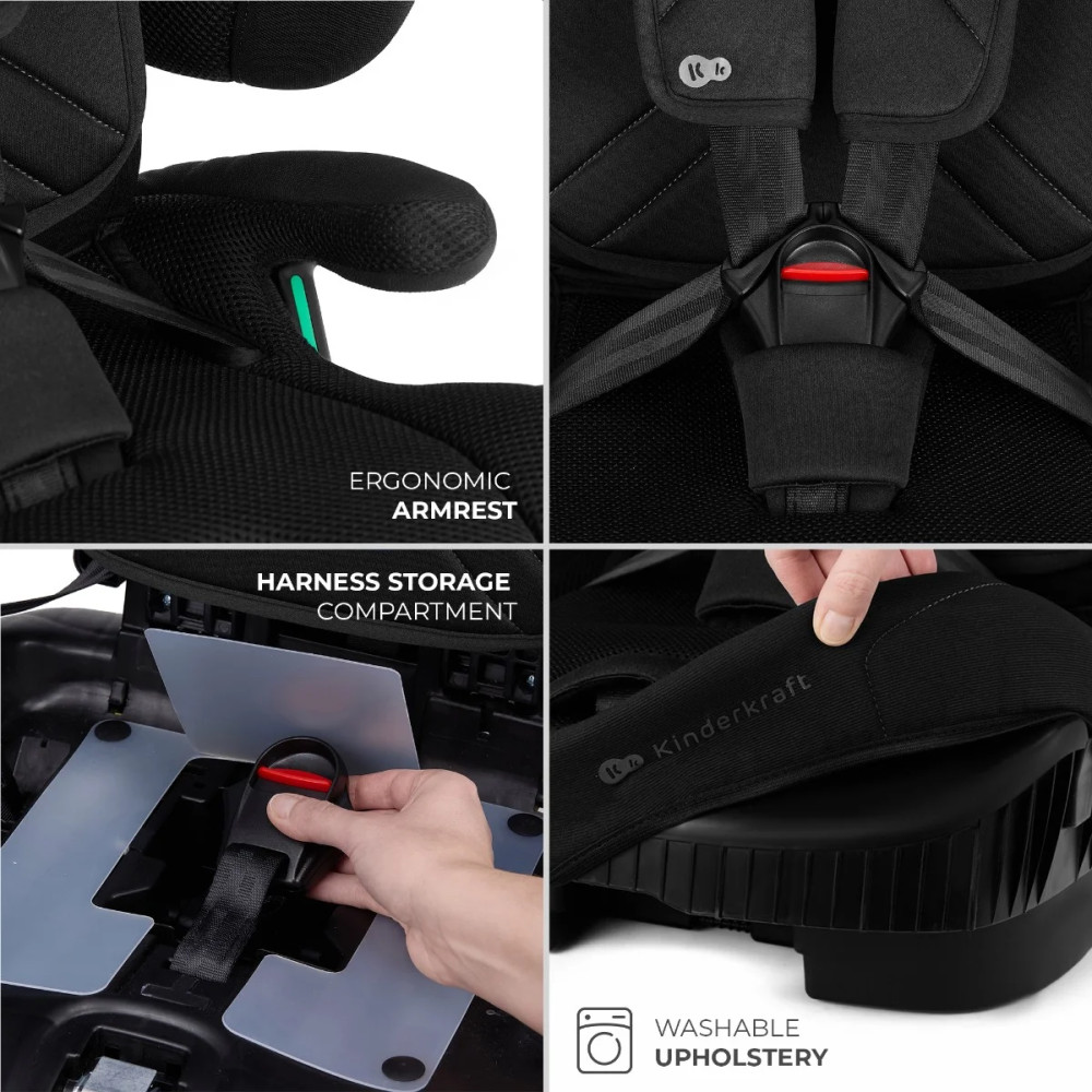 Kinderkraft FIX2GO i-Size - автокрісло для дітей (від 15 місяців до 12 років / 76 - 150 см), електричний датчик кріплення SAFERIDE SENSOR, високоякісні матеріали з технологією AIR FLOW, функція сну • Black (KCFI2GO0BLK0000)