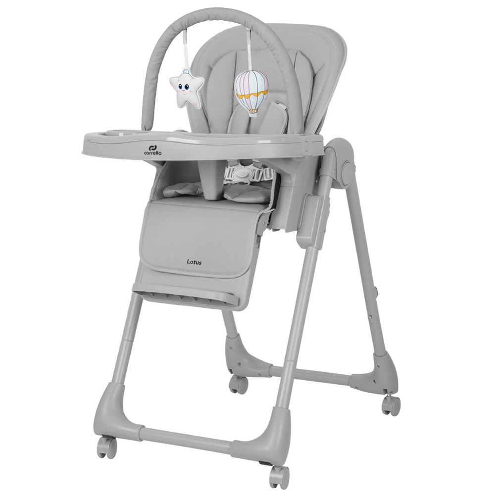 Carrello Lotus CRL-12101 - стульчик для кормления на колесах, шезлонг, регулировка по высоте и спинки, дуга с игрушками • Alba Grey