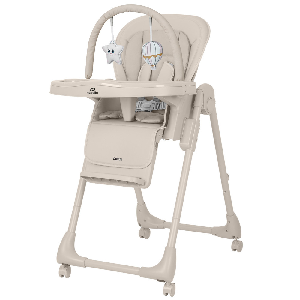Carrello Lotus CRL-12101 - стульчик для кормления на колесах, шезлонг, регулировка по высоте и спинки, дуга с игрушками • Dune Beige