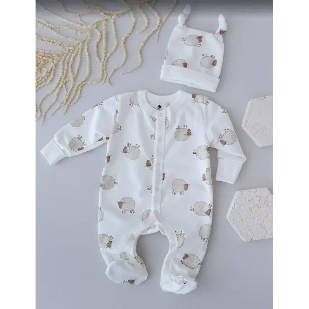 Комбинезон и шапочка для малышей из трикотажа с начёсом молочный с рисунком Minikin, 56р. (25470156)
