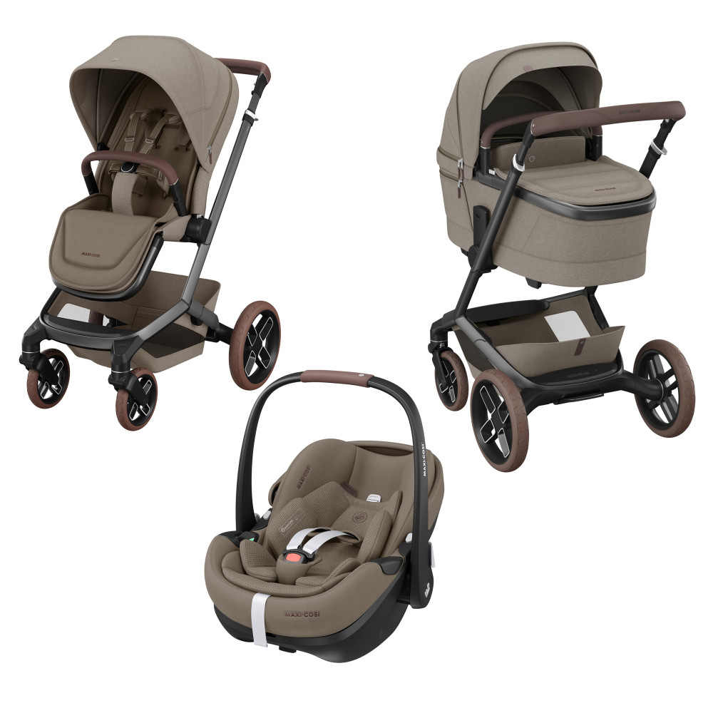 Maxi-Cosi Fame - дитяча коляска 3в1 з автокріслом Maxi-Cosi Pebble 360 Pro² (від 0 до 18 місяців / 40 - 87 см), коляска для бездоріжжя (система освітлення LED, вбудований павербанк, регульована по висоті люлька) • Twillic Truffle
