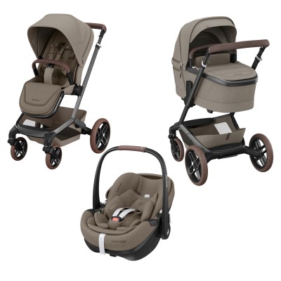 Maxi-Cosi Fame - детская коляска 3в1 с автокреслом Maxi-Cosi Pebble 360 Pro² (от 0 до 18 месяцев / 40 - 87 см), коляска для бездорожья (система LED-освещения, встроенный пауэрбанк, регулируемая по высоте люлька) • Twillic Truffle