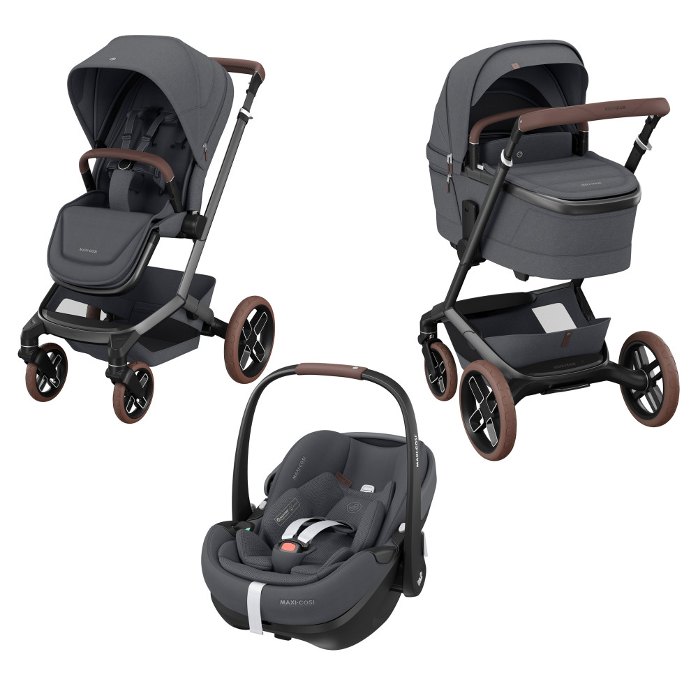 Maxi-Cosi Fame - дитяча коляска 3в1 з автокріслом Maxi-Cosi Pebble 360 Pro² (від 0 до 18 місяців / 40 - 87 см), коляска для бездоріжжя (система освітлення LED, вбудований павербанк, регульована по висоті люлька) • Twillic Graphite