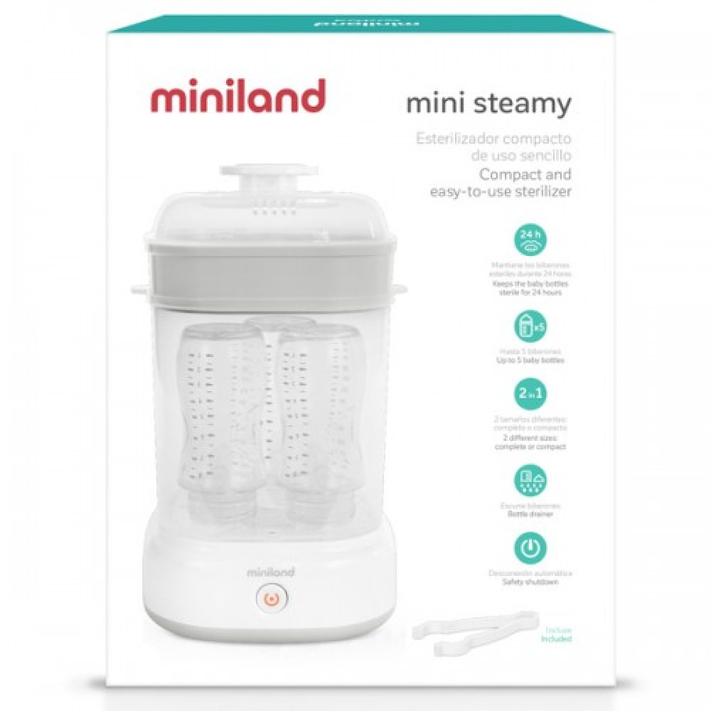 Miniland Mini Steamy - стерилизатор на 5 бутылочек, в комплекте щипцы и мерный стакан, сохраняет стерильность содержимого в течение 24 часов, автоматически отключается • White Miniland Mini Steamy - стерилизатор на 5 бутылочек, в комплекте щипцы и мерный стакан, сохраняет стерильность содержимого в течение 24 часов, автоматически отключается • White
