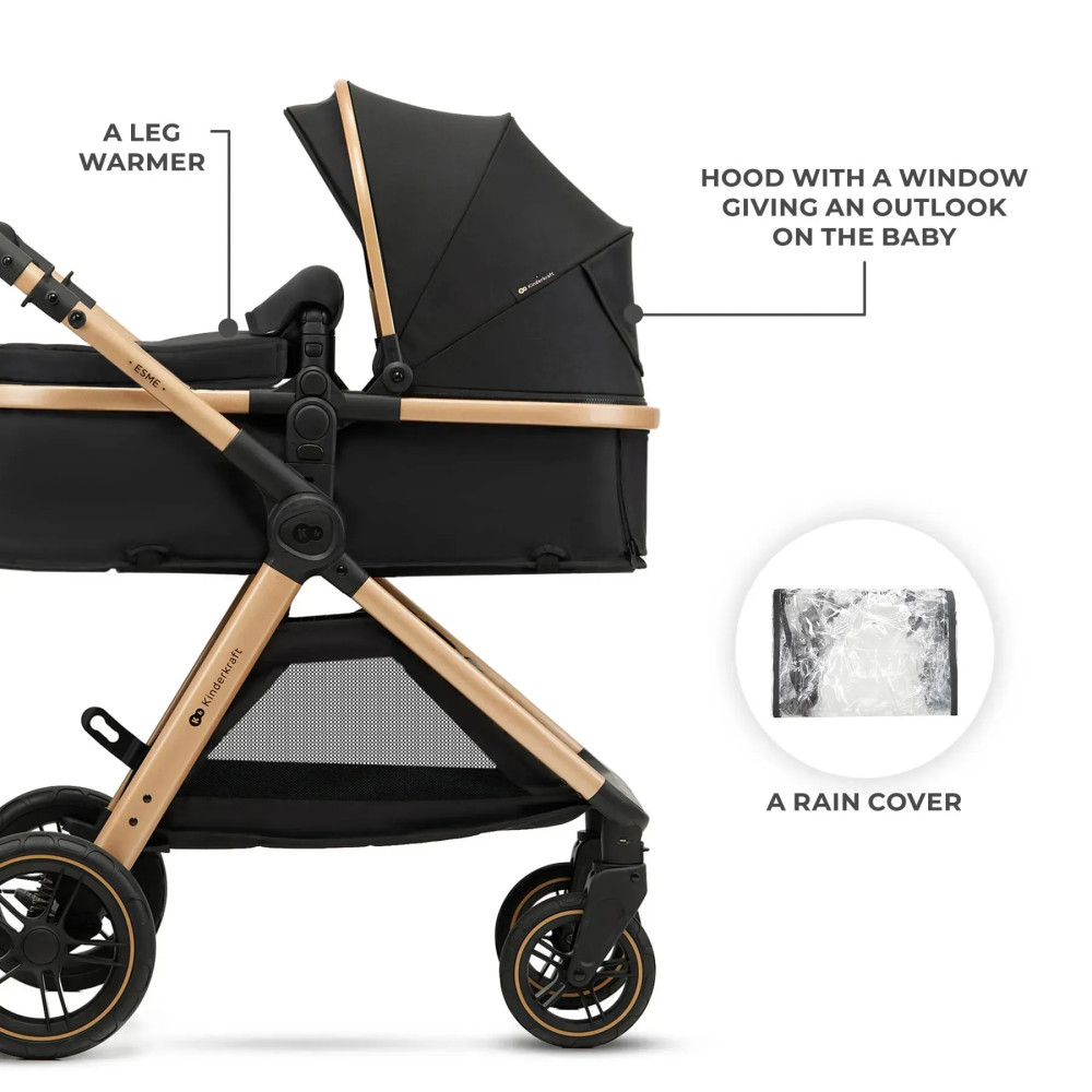 Kinderkraft Esme Pro - універсальна коляска 3 в 1 для подорожей, великі колеса, автокрісло Mink Pro 2 i-Size • Pure Black (KSESME00BLK300N) Kinderkraft Esme Pro - універсальна коляска 3 в 1 для подорожей, великі колеса, автокрісло Mink Pro 2 i-Size • Pure Black (KSESME00BLK300N)