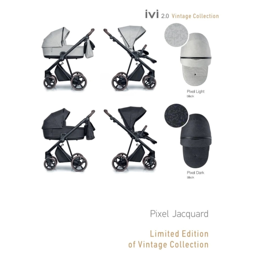Roan Ivi 2.0 - дитяча коляска 2в1, візок преміум Vintage Collection, матрац Air Zone 3D, м'яка амортизація, сонцезахисний козирок у комплекті • Pixel Light Vintage (R-IVC-PL)