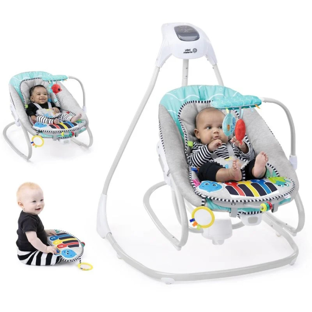 Baby Einstein Kick to It - крісло-гойдалка 4в1 від народження, гойдалка з мелодіями та звуками, килимок для гри на животику, знімне музичне піаніно • Gray