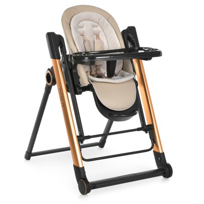 El Camino Debut ME 1102 - стульчик для кормления, шезлонг для новорожденных, качели с функцией автоматического укачивания (питание от сети, от батареек, 2 колеса, пульт ДУ, таймер, музыка, чехол из экокожи) • Posh Beige