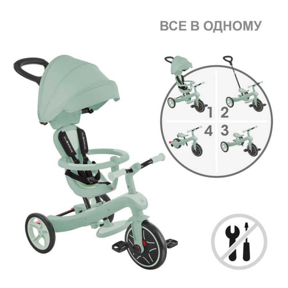Globber Explorer Trike - детский трехколесный велосипед с родительской ручкой 4в1 • Фисташковый