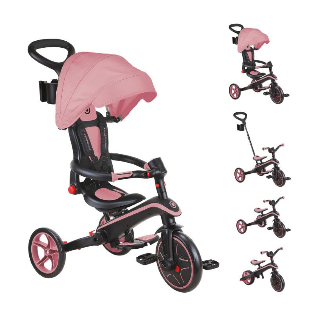 Globber Explorer Trike Foldable - детский трехколесный складной велосипед с родительской ручкой 4в1 • Розовый
