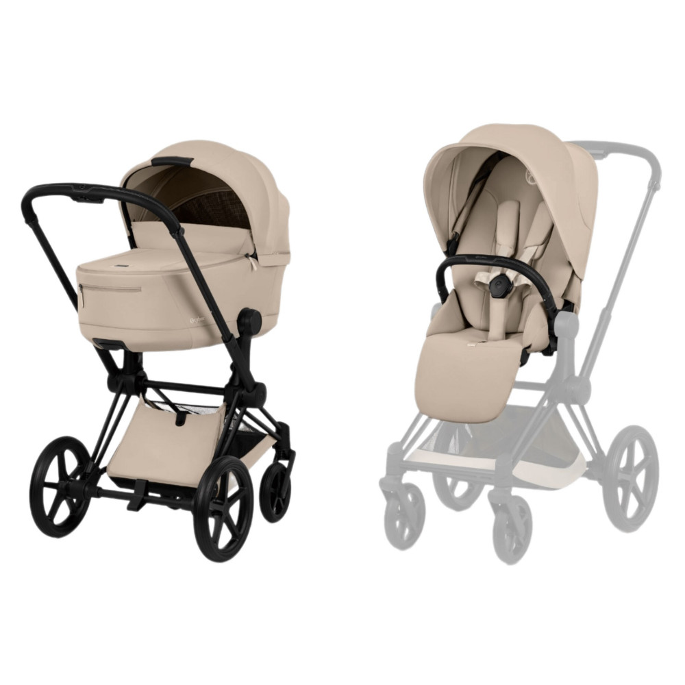 Комплект 2в1 Cybex Priam - детская коляска премиум, люлька складывается вместе с рамой • Cozy Beige / Matt Black Frame