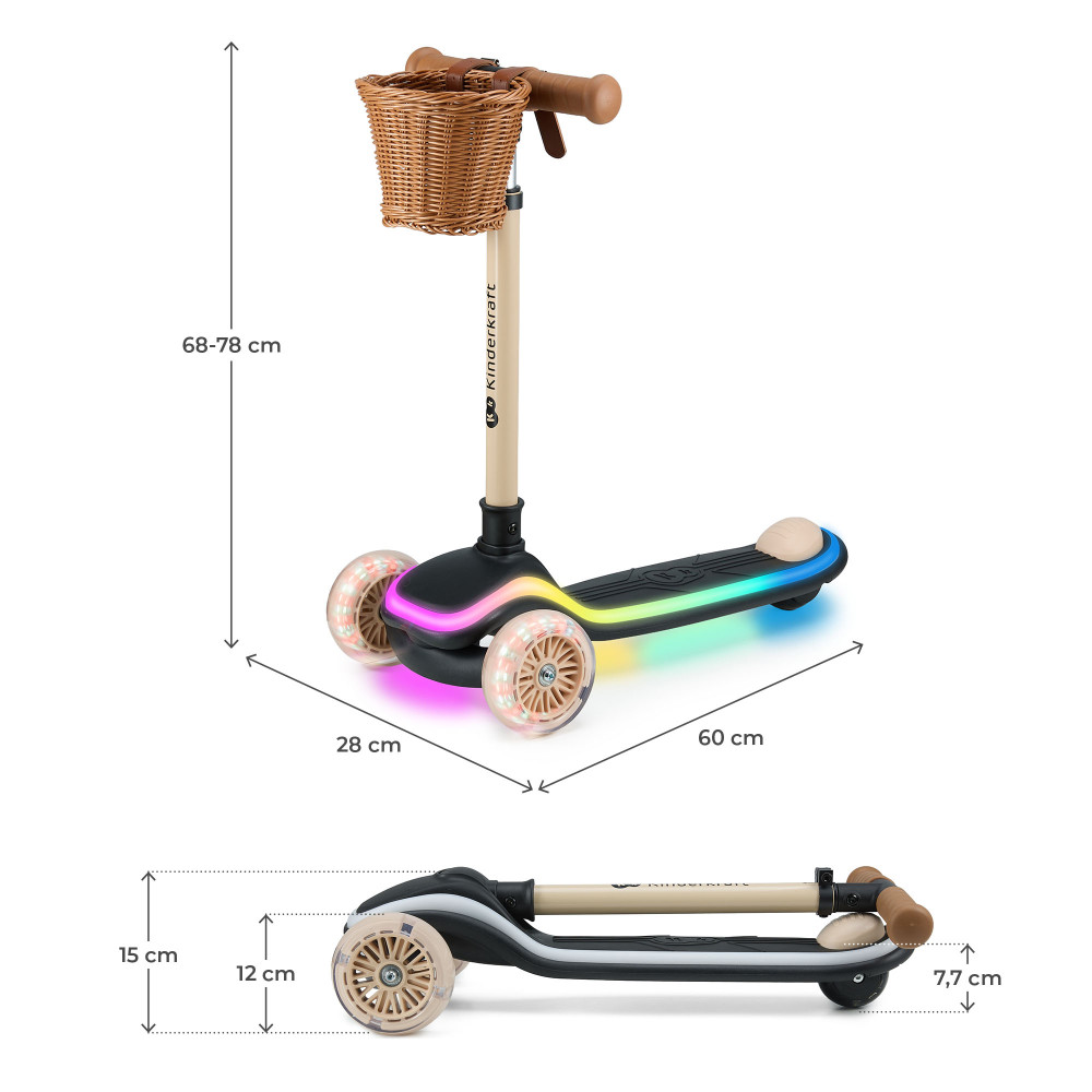 Kinderkraft Raket - трёхколёсный детский самокат, с поворотной системой балансировки, RGB подсветкой, лёгкой сборкой, регулируемой высотой • Beige (KRRAKE00BEG0000)