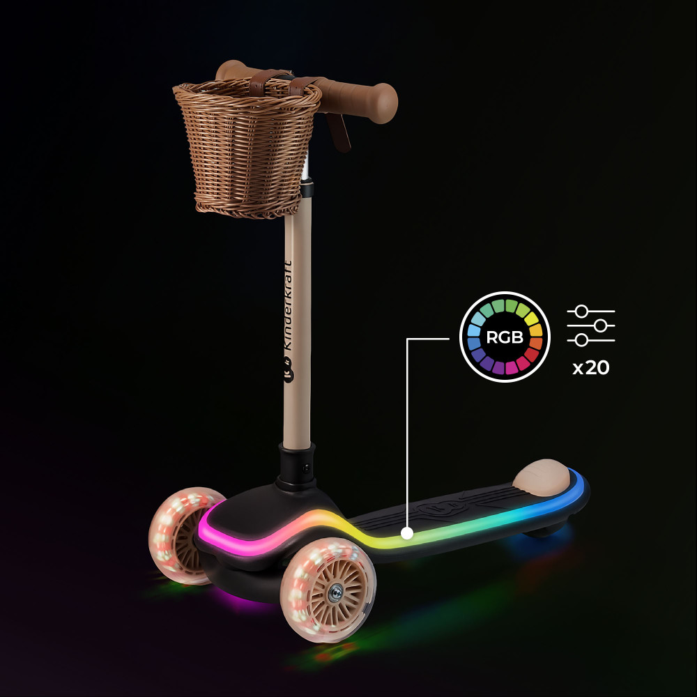 Kinderkraft Raket - трёхколёсный детский самокат, с поворотной системой балансировки, RGB подсветкой, лёгкой сборкой, регулируемой высотой • Beige (KRRAKE00BEG0000)