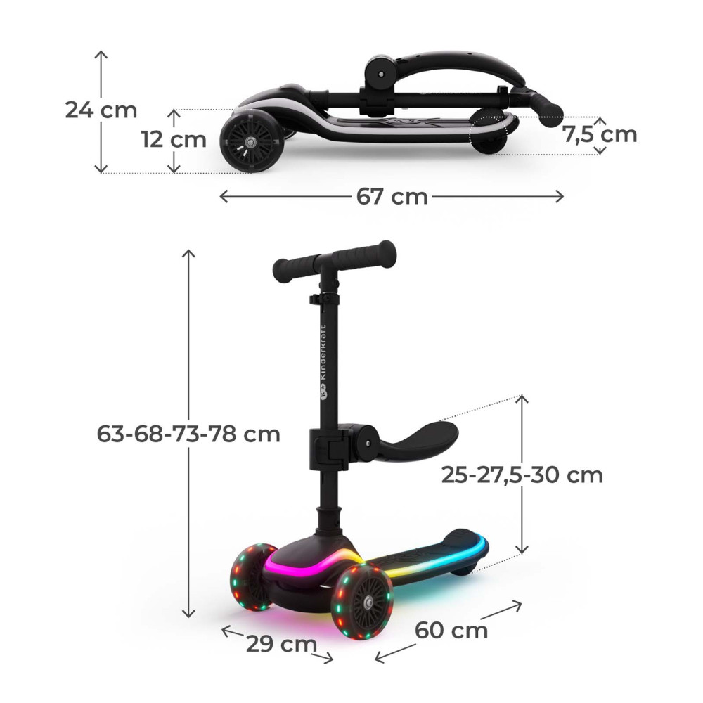 Kinderkraft Raket Up - детский самокат с сидением 2в1, LED-подсветка • Black (KRRAUP00BLK0000)