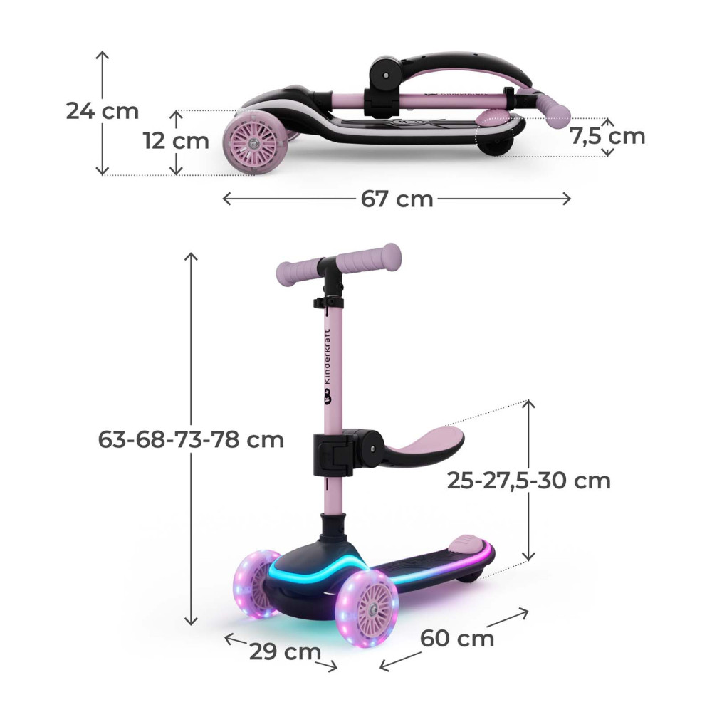 Kinderkraft Raket Up - детский самокат с сидением 2в1, LED-подсветка • Pink (KRRAUP00PNK0000)