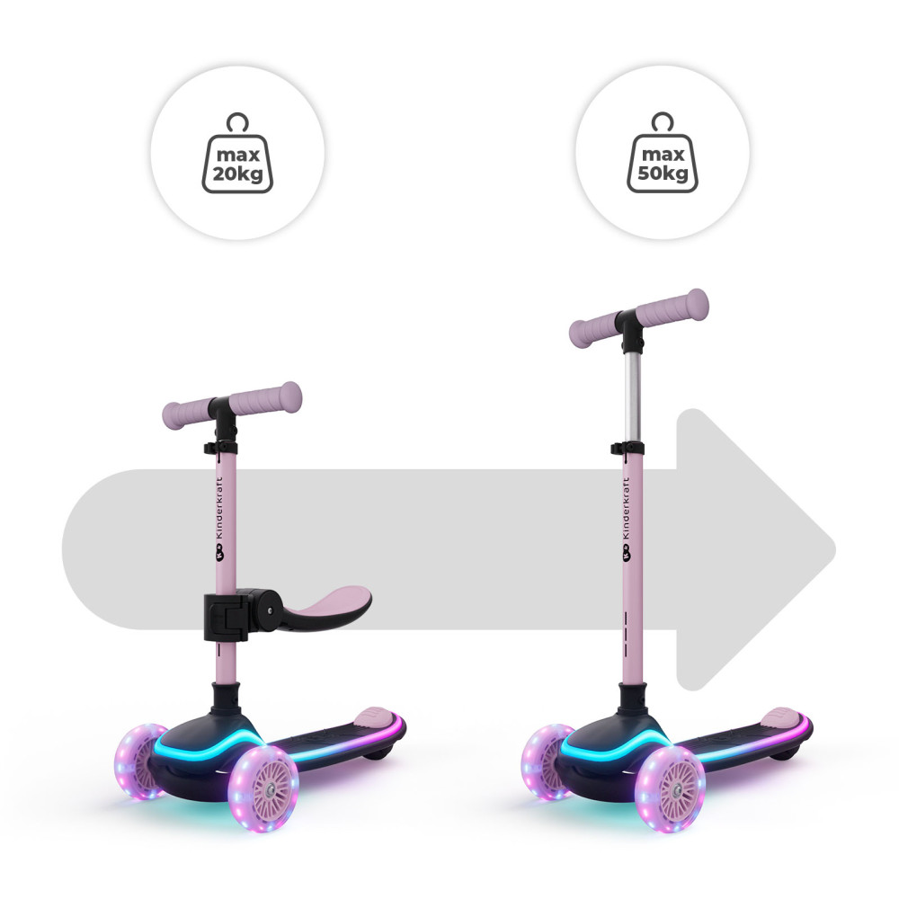 Kinderkraft Raket Up - детский самокат с сидением 2в1, LED-подсветка • Pink (KRRAUP00PNK0000)