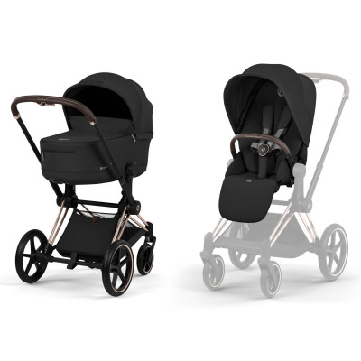 Комплект 2в1 Cybex Priam - дитяча коляска з функцією складання разом із люлькою, преміальний візок • Sepia Black / Rosegold Frame