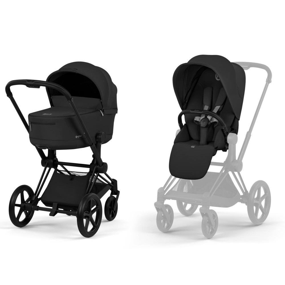 Комплект 2в1 Cybex Priam - дитяча коляска з функцією складання разом із люлькою, преміальний візок • Sepia Black / Matt Black Frame
