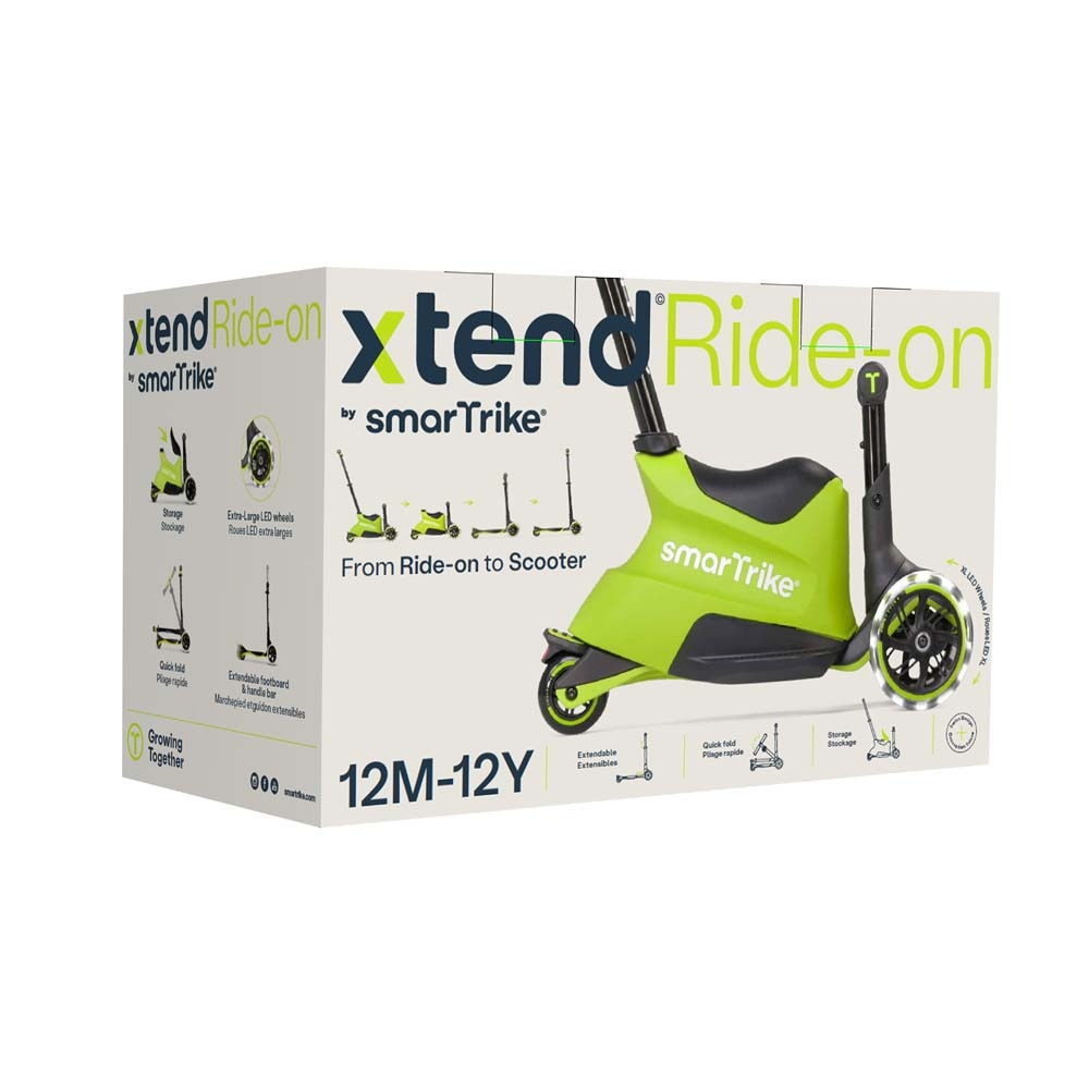 smarTrike Xtend Ride-on - детский самокат-беговел 4 в 1, родительская ручка, отсек для игрушек, LED-колеса • Lime