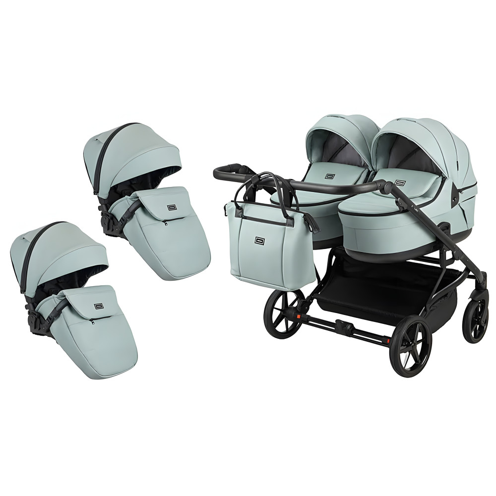 Adamex Leo Duo Eco - детская коляска для двойни, универсальная коляска 2 в 1 для двойни и погодок, независимая регулировка прогулочных блоков • Jade (SA-20)