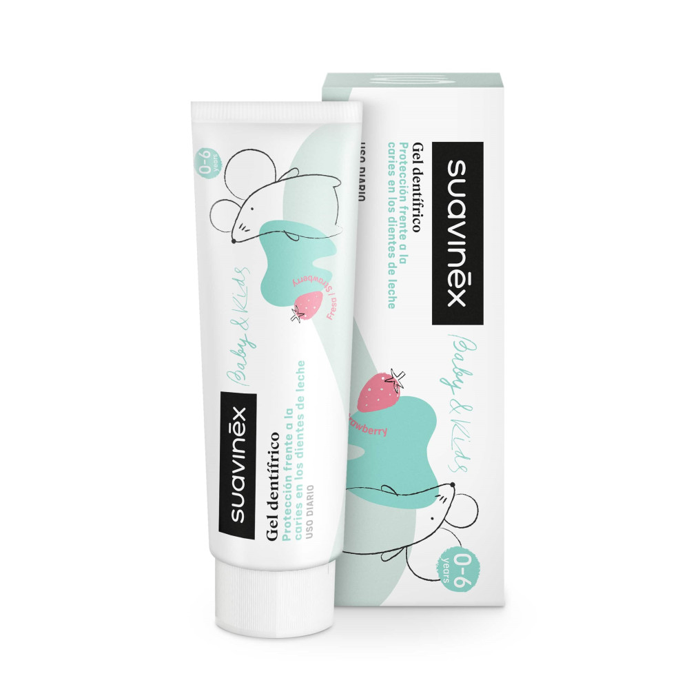 Suavinex Baby - дитяча зубна паста-гель Baby із фтором 1000 ppm, від 0 до 6 років, зі смаком полуниці • 50 мл