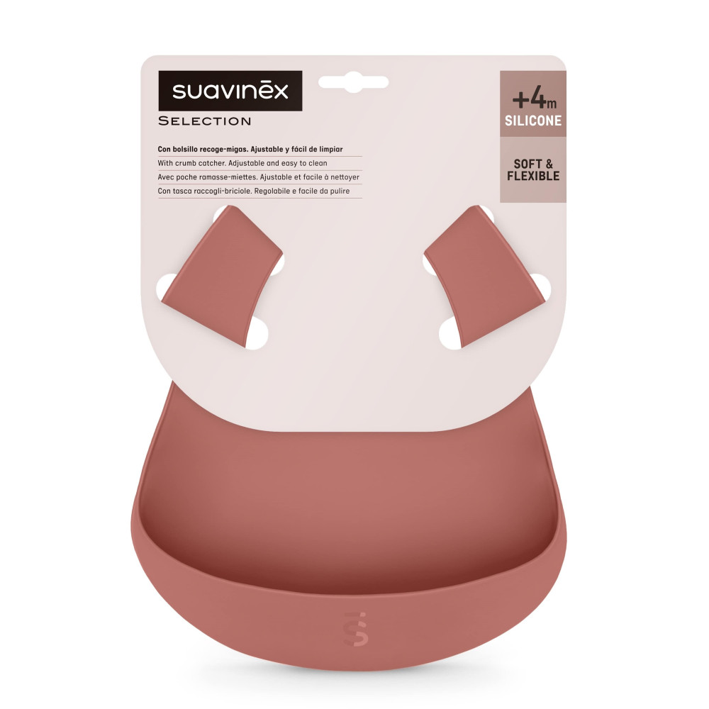 Suavinex Colour Essence - дитячий силіконовий нагрудник з кишенею, від 4 місяців • Рожевий