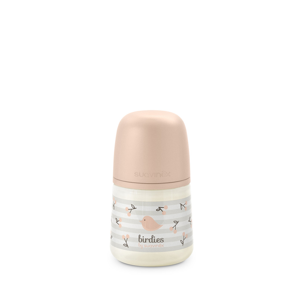 Suavinex Birdies - детская бутылочка для кормления с рождения, 150 мл, с силиконовой соской SX Pro медленного потока • Светло-розовая