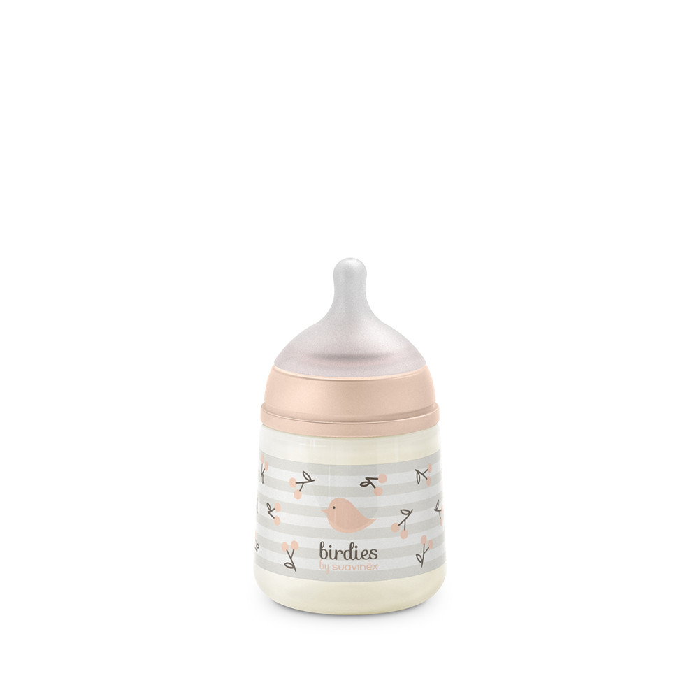Suavinex Birdies - детская бутылочка для кормления с рождения, 150 мл, с силиконовой соской SX Pro медленного потока • Светло-розовая
