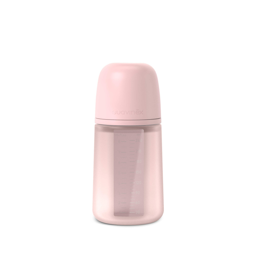 Suavinex Colour Essence - детская силиконовая бутылочка от 3 месяцев, 240 мл, физиологическая соска медленный поток • Светло-розовая