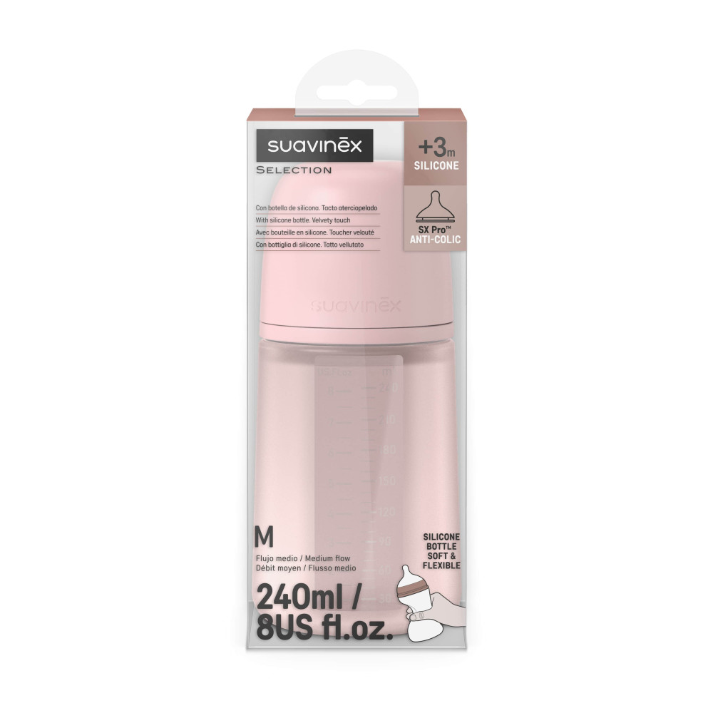 Suavinex Colour Essence - детская силиконовая бутылочка от 3 месяцев, 240 мл, физиологическая соска медленный поток • Светло-розовая