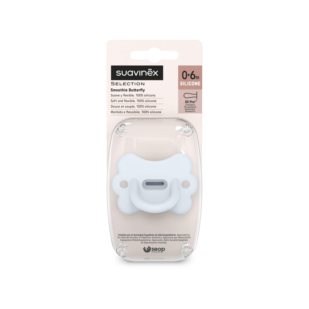Suavinex Colour Essence - физиологическая силиконовая пустышка в форме бабочки, 0-6 месяцев • Голубая Suavinex Colour Essence - физиологическая силиконовая пустышка в форме бабочки, 0-6 месяцев • Голубая