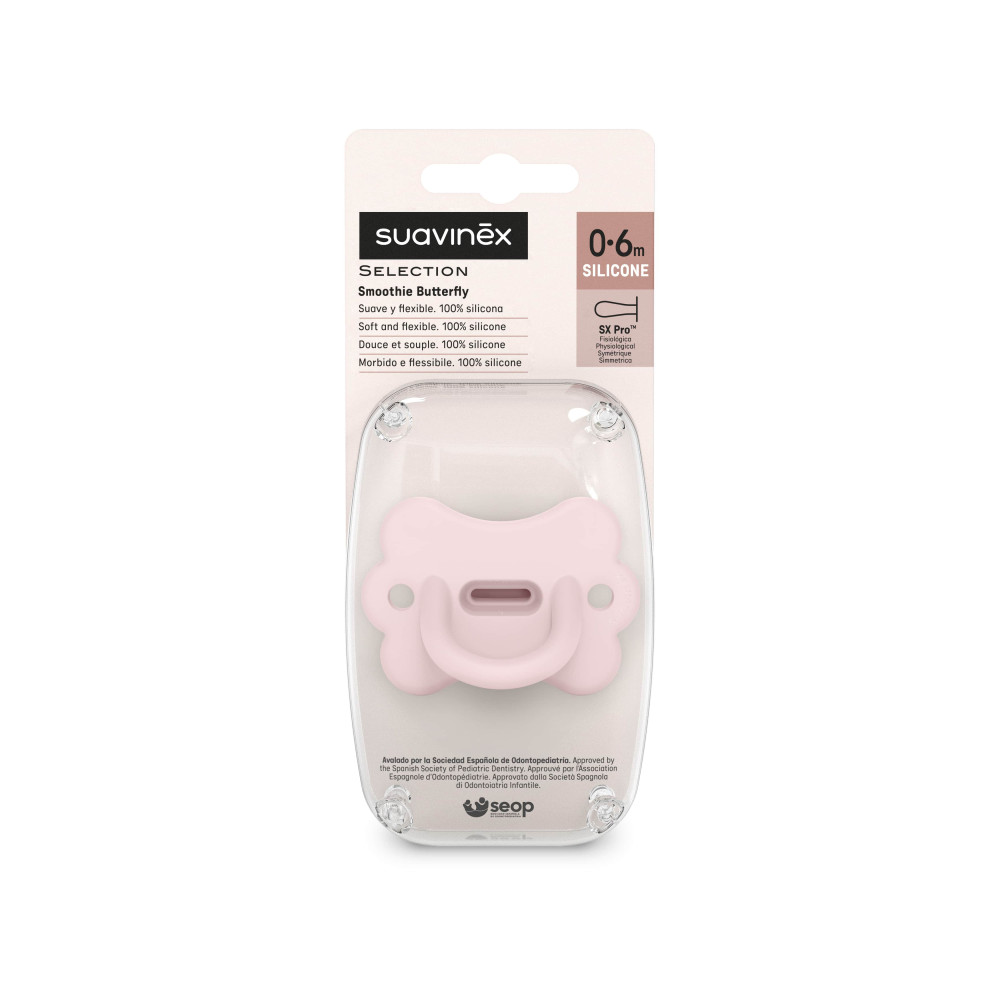 Suavinex Colour Essence - физиологическая силиконовая пустышка в форме бабочки, 0-6 месяцев • Розовая Suavinex Colour Essence - физиологическая силиконовая пустышка в форме бабочки, 0-6 месяцев • Розовая
