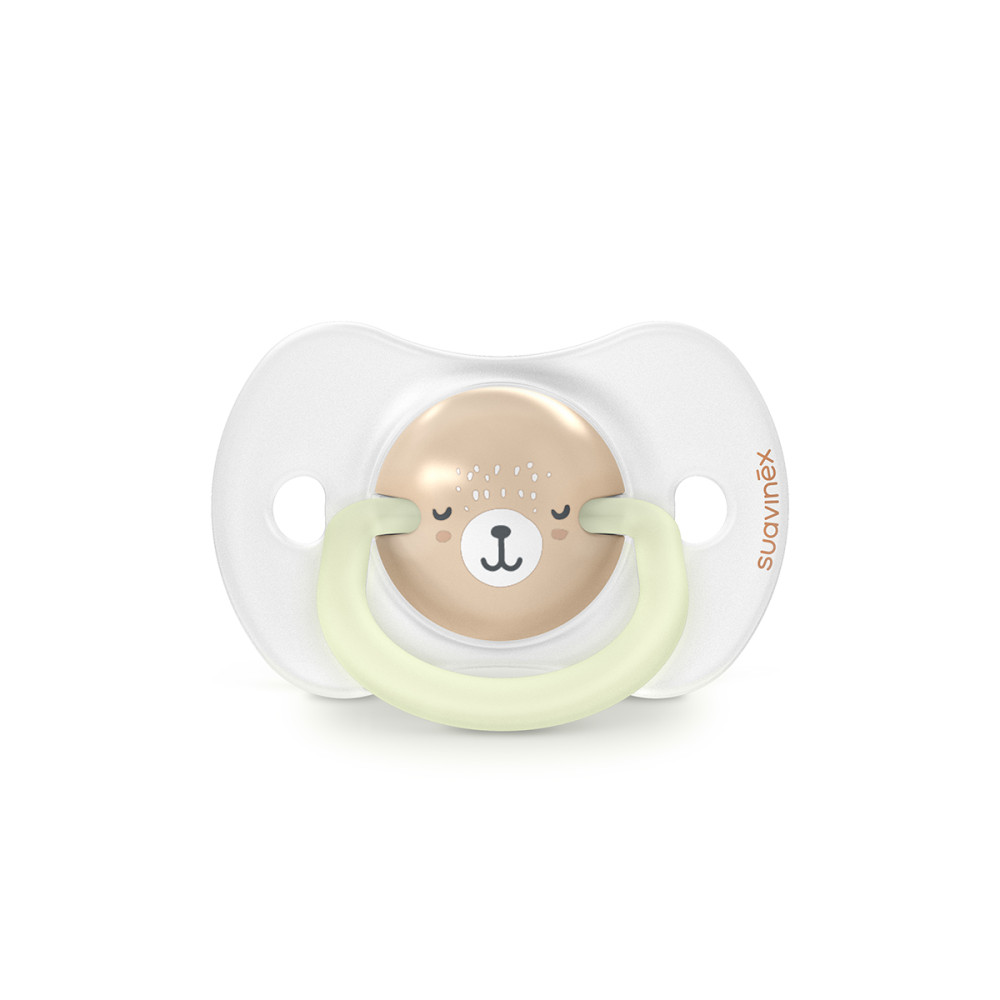 Suavinex Night & Day - набор из 2 ночных физиологических пустышек с кольцом, 0-6 месяцев • Бежевая с рисунком