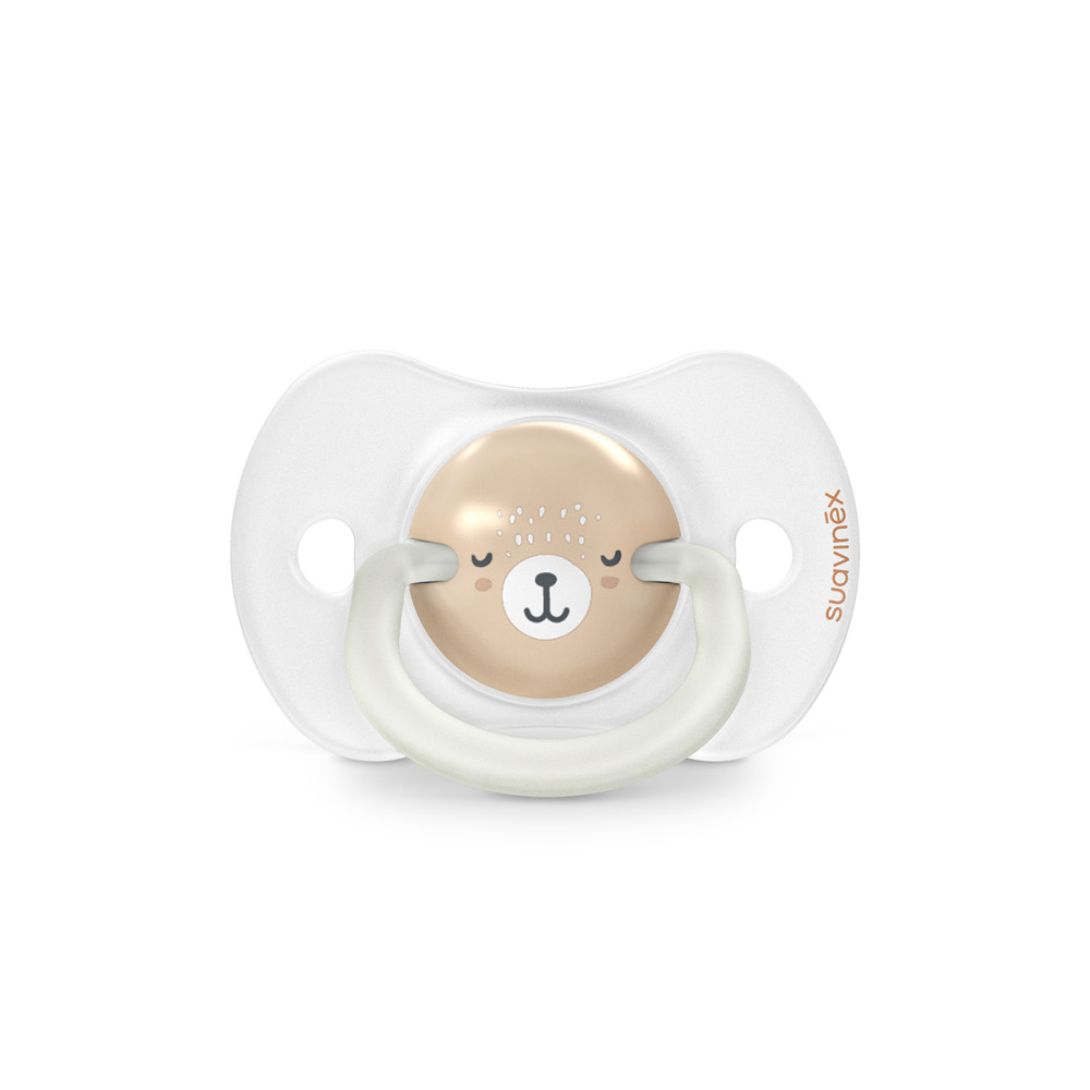 Suavinex Night & Day - набор из 2 ночных физиологических пустышек с кольцом, 0-6 месяцев • Бежевая с рисунком