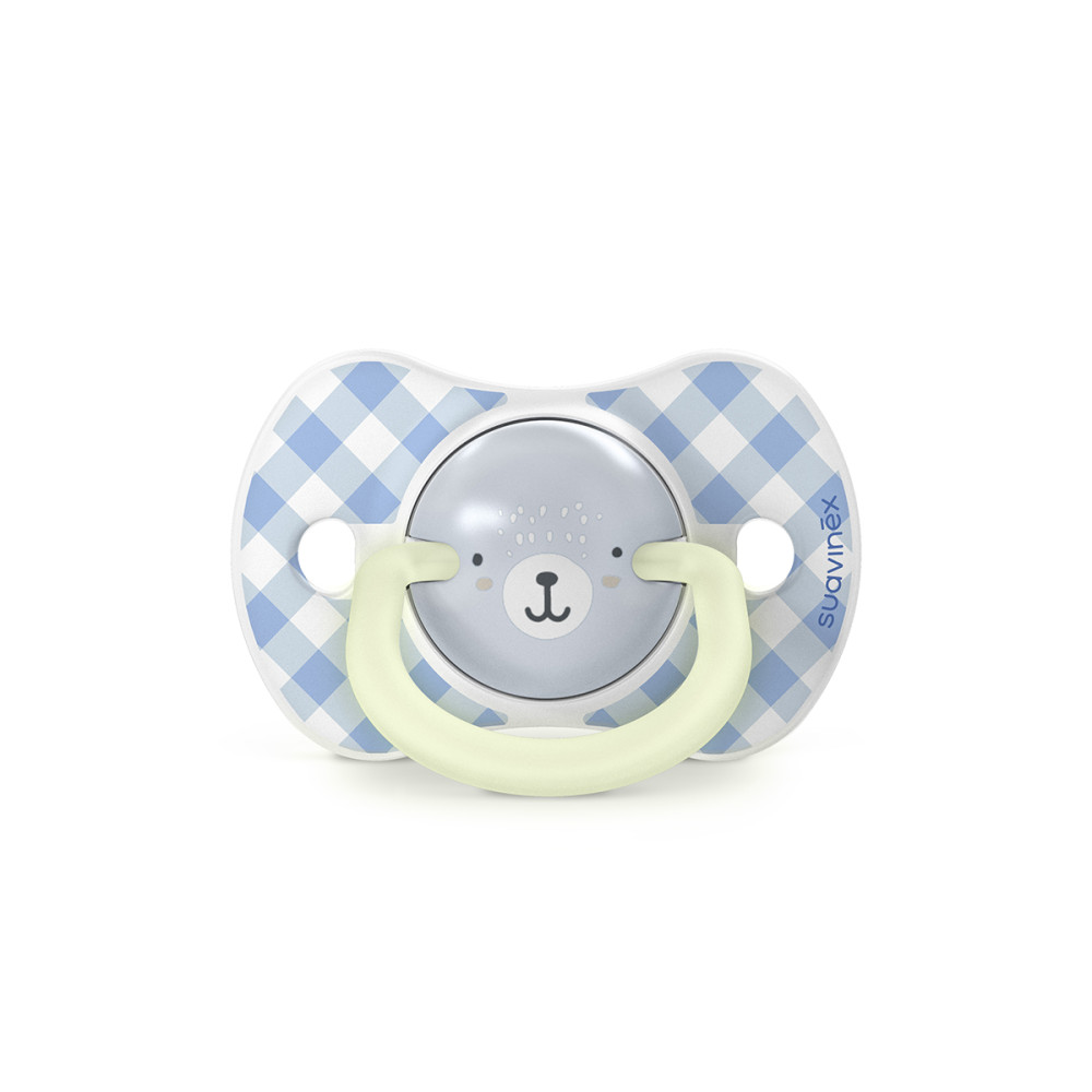 Suavinex Night & Day - набор из 2 ночных физиологических пустышек с кольцом, 0-6 месяцев • Голубая с рисунком