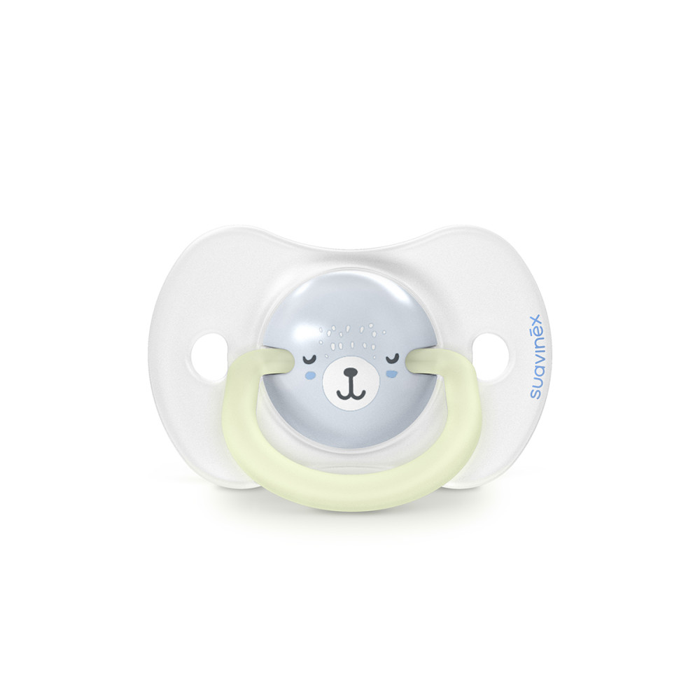 Suavinex Night & Day - набор из 2 ночных физиологических пустышек с кольцом, 0-6 месяцев • Голубая с рисунком