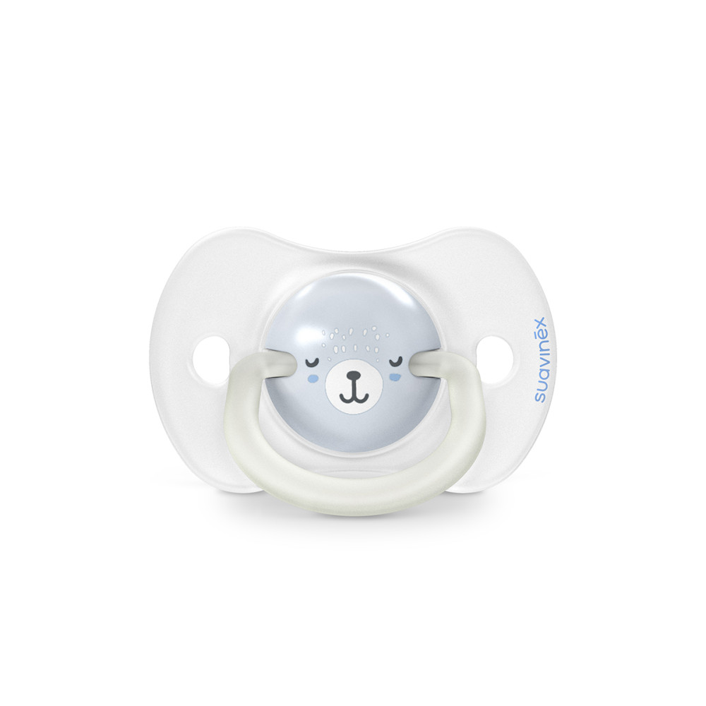 Suavinex Night & Day - набор из 2 ночных физиологических пустышек с кольцом, 0-6 месяцев • Голубая с рисунком